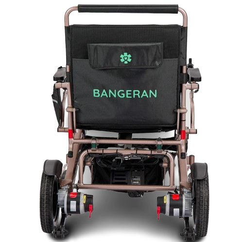 Rear Centered View Of The Bangeran Mammoth EX Electric Wheelchair Shown In Brown And Teal Color