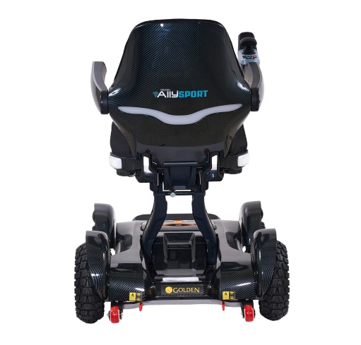 Rear Centered View Of The Golden Technologies Ally Sport Omnidirectional Electric Wheelchair Shown In Carbon Fiber Color