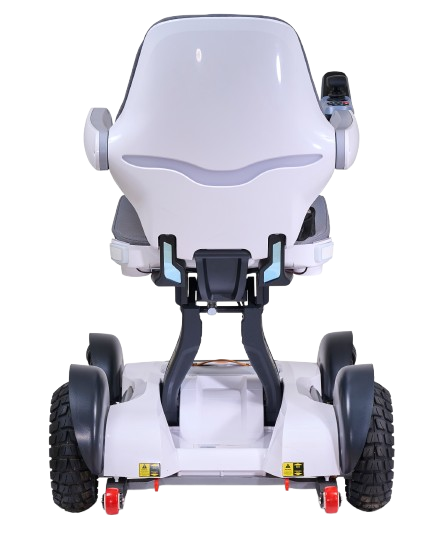 Rear Centered View Of The Golden Technologies Ally Sport Omnidirectional Electric Wheelchair Shown In White Color