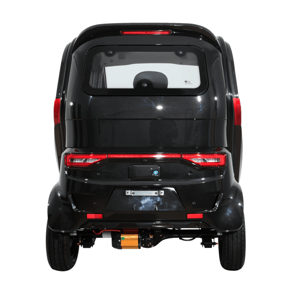Rear Centered View Of The Green Transporter Q Express Enclosed Mobility Scooter Shown In Black And Red Color