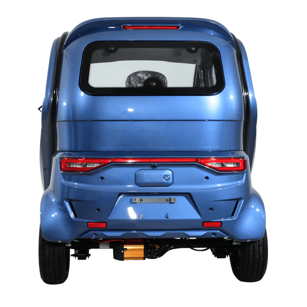 Rear Centered View Of The Green Transporter Q Express Enclosed Mobility Scooter Shown In Blue Color