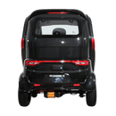 Rear Centered View Of The Green Transporter Q Runner Express Enclosed Mobility Scooter Shown In Black And Red Color