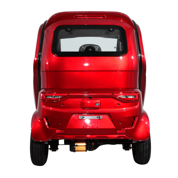 Rear Centered View Of The Green Transporter Q Runner Express Enclosed Mobility Scooter Shown In Red Color