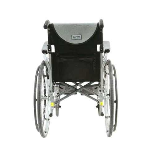 Rear Centered View Of The Karman S-Ergo 125 Wheelchair Shown With Gray Cushions And Silver Frame