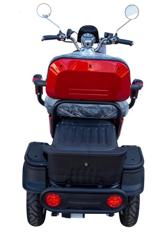 Rear Centered View Of The Pushpak Motors- Pushpak 1000 Two-Person Electric Scooter Shown In The Red Color