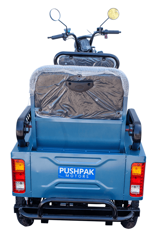 Rear Centered View Of The Pushpak Motors- Pushpak 3000 Two-Person Electric Scooter Shown In Blue Color