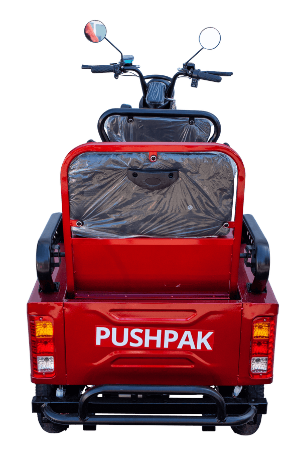 Rear Centered View Of The Pushpak Motors- Pushpak 3000 Two-Person Electric Scooter Shown In Red Color