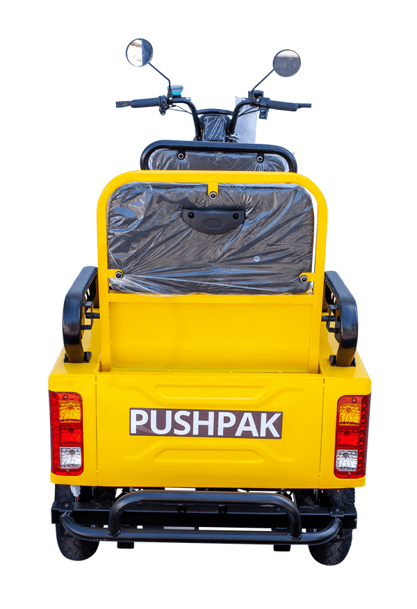 Rear Centered View Of The Pushpak Motors- Pushpak 3000 Two-Person Electric Scooter Shown In Yellow Color