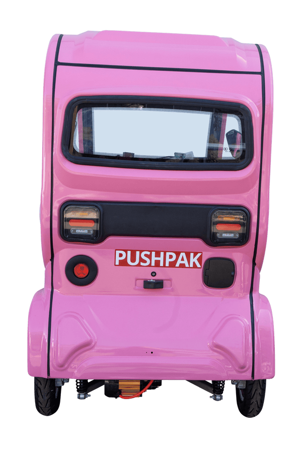 Rear Centered View Of The Pushpak Motors- Pushpak 7000 Three-Person Electric Scooter Shown In The Pink Color