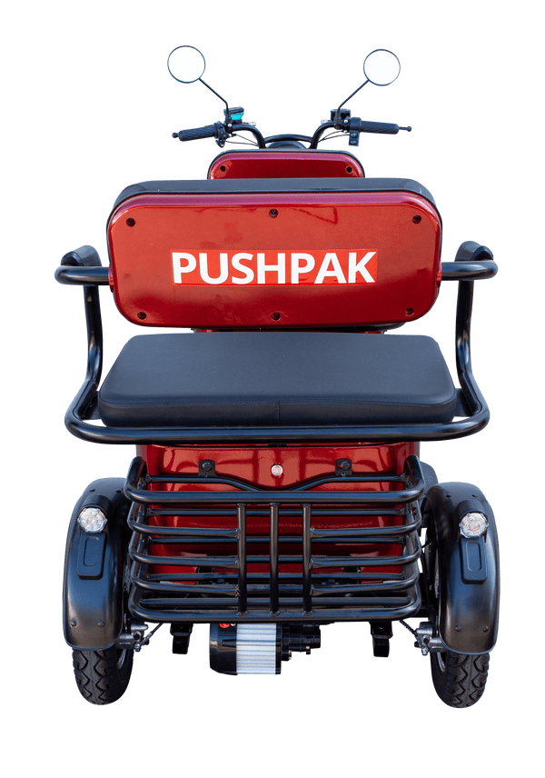 Rear Centered View Of The Pushpak Motors- Pushpak 7000 Two-Person Electric Scooter Shown In Red Color