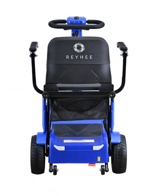 Rear Centered View Of The Reyhee Flex Electric Folding Mobility Scooter Shown With The Blue Colored Frame