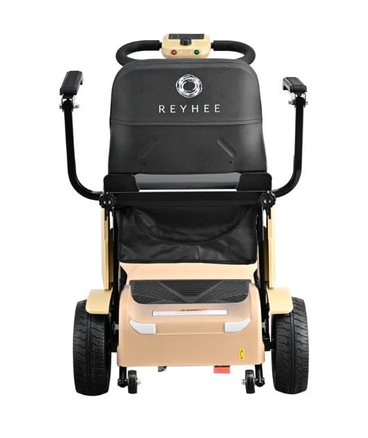 Rear Centered View Of The Reyhee Flex Electric Folding Mobility Scooter Shown With The Tan Colored Frame