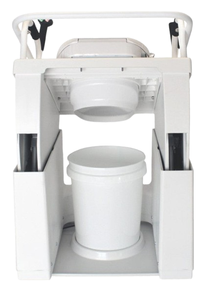 Rear Centered View Of The Throne Buttler Powered Lift Commode Chair TLCE001 Shown In The Raised Position With The Bucket And Platform Under The Lift