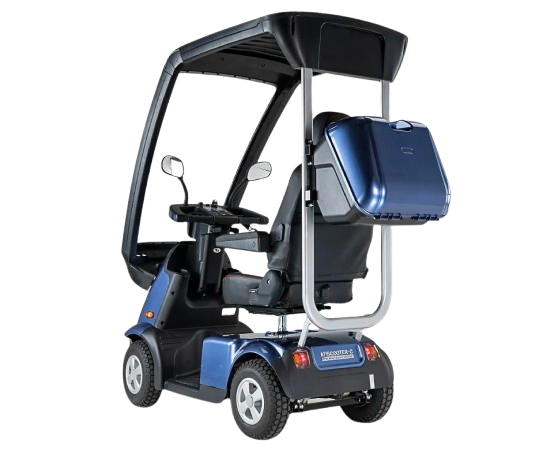 Rear Left Side View Of The AFIKIM Afiscooter C4 Scooter Shown With Optional Hard Top Canopy In The Blue Color