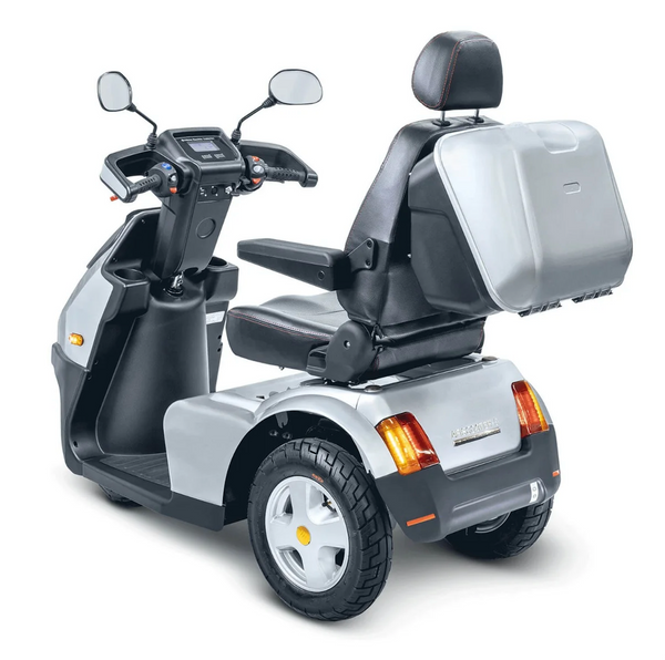 Rear Left Side View Of The AFIKIM Afiscooter S3 Scooter Shown In The Silver Color With Optional Rear Lock Box