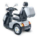 Rear Left Side View Of The AFIKIM Afiscooter S3 Scooter Shown In The Silver Color With Optional Rear Lock Box