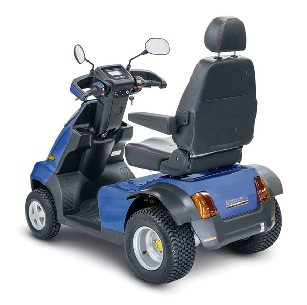 Rear Left Side View Of The AFIKIM Afiscooter S4 Scooter Shown In The Blue Color