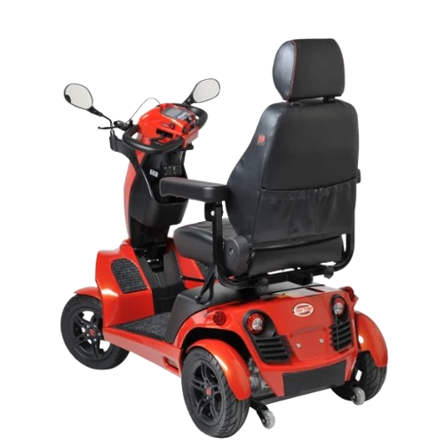 Rear Left Side View Of The FreeRiderUSA FR1 Terrain Mobility Scooter Shown In The Metallic Orange Color