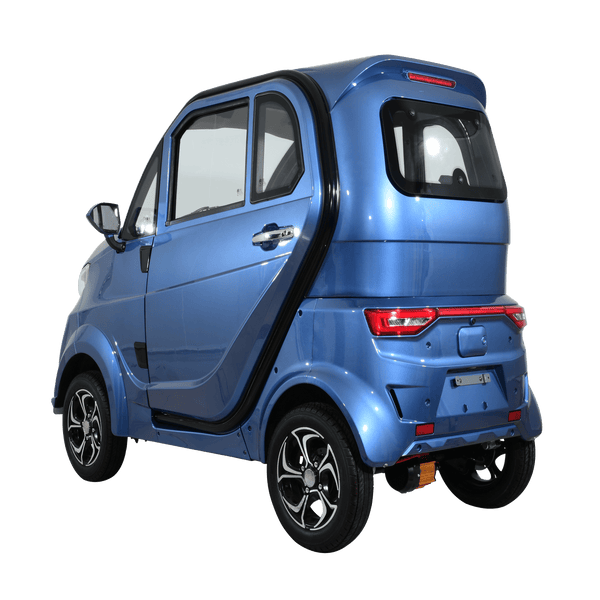 Rear Left Side View Of The Green Transporter Q Express Enclosed Mobility Scooter Shown In Blue Color