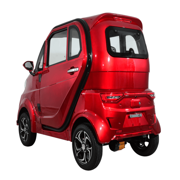 Rear Left Side View Of The Green Transporter Q Express Enclosed Mobility Scooter Shown In Red Color