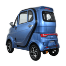 Rear Left Side View Of The Green Transporter Q Runner Express Enclosed Mobility Scooter Shown In Blue Color