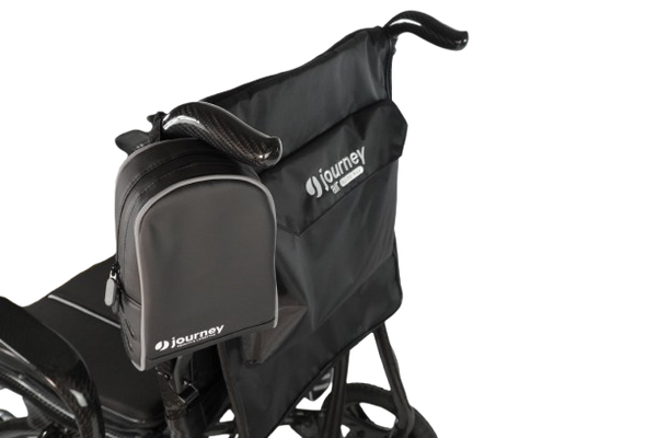 Rear Left Side View Of The Journey Air Elite Max Carbon Fiber Electric Wheelchair Shown With Battery Carry Pouch