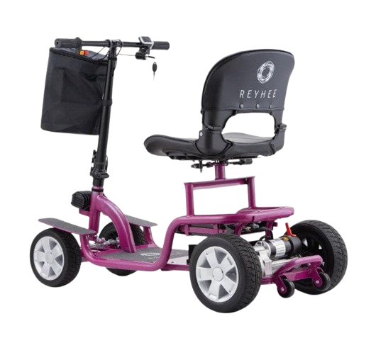Rear Left Side View Of The Reyhee EXO Electric Mobility Scooter Shown With The Purple Color Frame