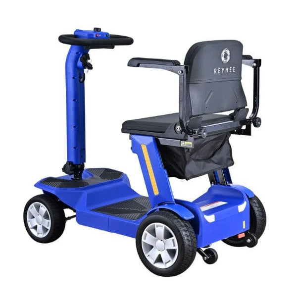 Rear Left Side View Of The Reyhee Flex Electric Folding Mobility Scooter Shown With The Blue Colored Frame