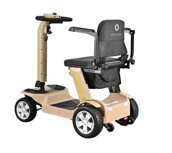 Rear Left Side View Of The Reyhee Flex Electric Folding Mobility Scooter Shown With The Tan Colored Frame