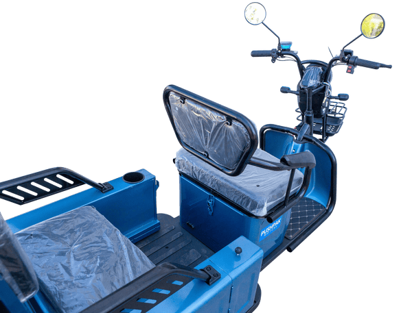 Rear Right Side Overhead View Of The Pushpak Motors- Pushpak 3000 Two-Person Electric Scooter Shown In Blue Color