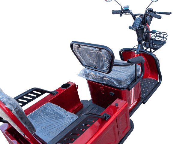 Rear Right Side Overhead View Of The Pushpak Motors- Pushpak 3000 Two-Person Electric Scooter Shown In Red Color