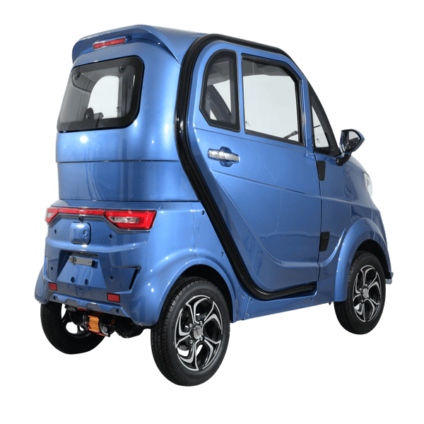 Rear Right Side View Of The Green Transporter Q Express Enclosed Mobility Scooter Shown In Blue Color