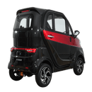 Rear Right Side View Of The Green Transporter Q Runner Express Enclosed Mobility Scooter Shown In Black And Red Color