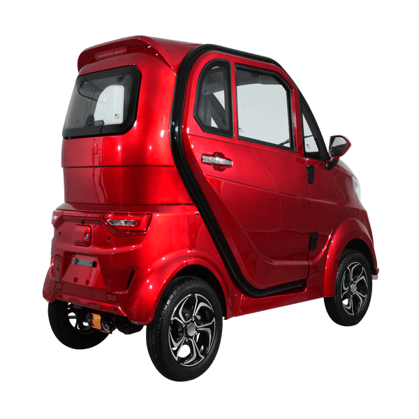 Rear Right Side View Of The Green Transporter Q Runner Express Enclosed Mobility Scooter Shown In Red Color