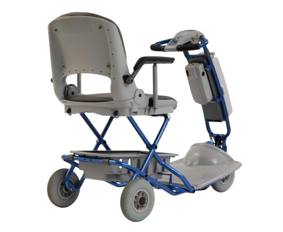 Rear Right Side View Of The Tzora Feather Ultra Lightweight Mobility Scooter Shown In The Blue Color