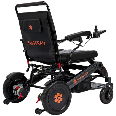 Rear Right View Of The Bangeran Mammoth EX Electric Wheelchair Shown In Black And Orange Color