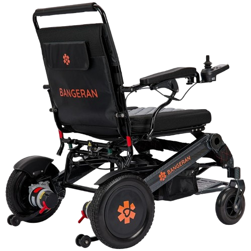 Rear Right View Of The Bangeran Mammoth EX Electric Wheelchair Shown In Black And Orange Color