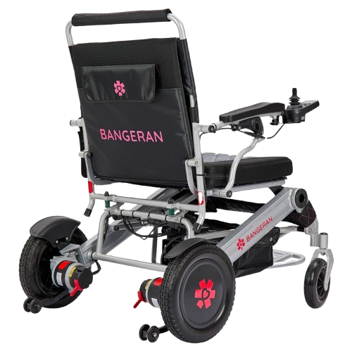 Rear Right View Of The Bangeran Mammoth EX Electric Wheelchair Shown In Silver And Red Color
