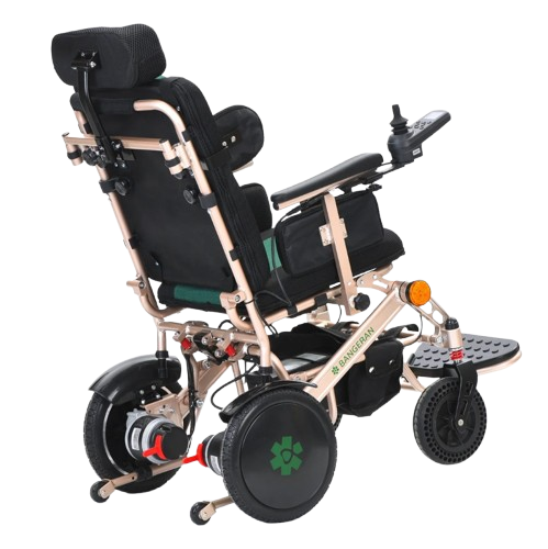 Rear Right View Of The Bangeran Pegasus Cerebral Palsy Kids Electric Wheelchair Shown In Green Color
