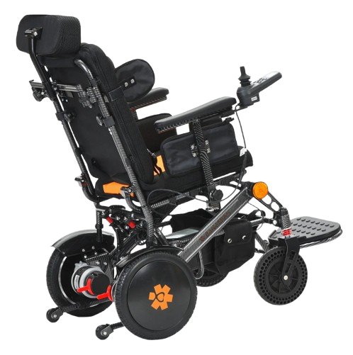 Rear Right View Of The Bangeran Pegasus Cerebral Palsy Kids Electric Wheelchair Shown In Orange Color