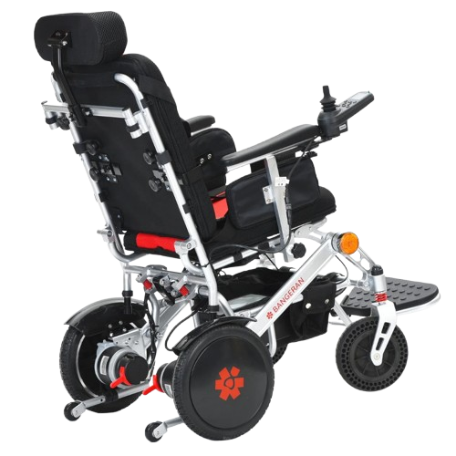 Rear Right View Of The Bangeran Pegasus Cerebral Palsy Kids Electric Wheelchair Shown In Red Color