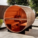 Rear Right View Of The Golden Designs Zurich 4-Person Barrel Sauna | GDI-B024-01 Shown In An Outdoor Setting