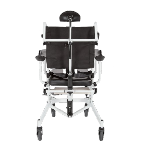 Rear View Of The ActiveAid 285TR Shower Commode Tilt-In-Space Chair Shown With White Frame Package