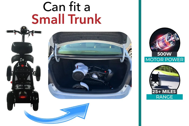 Rear View Of The ComfyGo MS 3000 Mobility Scooter Shown In White Color With Standard Size Seat Demonstrating It Can Fit In A Car Trunk