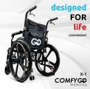 Rear View Of The ComfyGo X1 Wheelchair Shown In Black Frame Color And Special Edition Model With Text Designed For Life Convenient