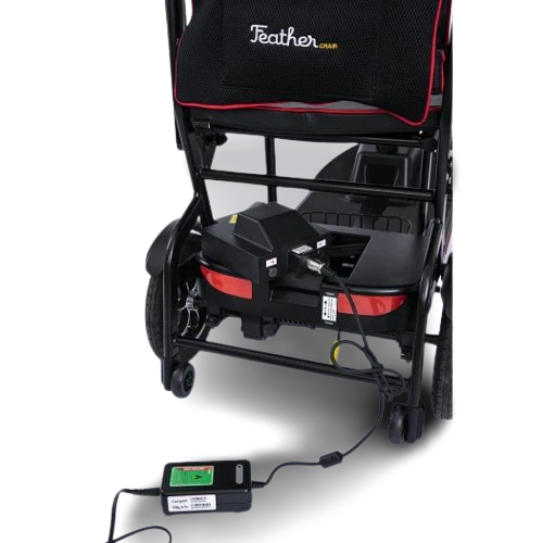 Rear View Of The Feather Mobility Scooter Showing Charger And Removeable Battery