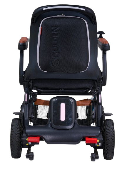 Rear View Of The Golden Technologies Ally Pro Omnidirectional Electric Wheelchair Shown In Teal Color