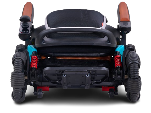Rear View Of The Golden Technologies Ally Pro Omnidirectional Electric Wheelchair Shown In Teal Color And In The Folded Position
