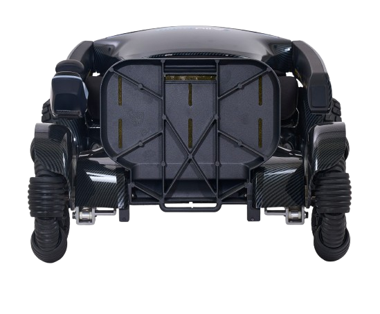 Rear View Of The Golden Technologies Ally Sport Omnidirectional Electric Wheelchair Shown In Carbon Fiber Color In The Folded Position