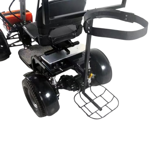 Rear View Of The Green Transporter Cheeta Golf All-Terrain Mobility Scooter Highlighting The Golf Bag Holder Accessory 